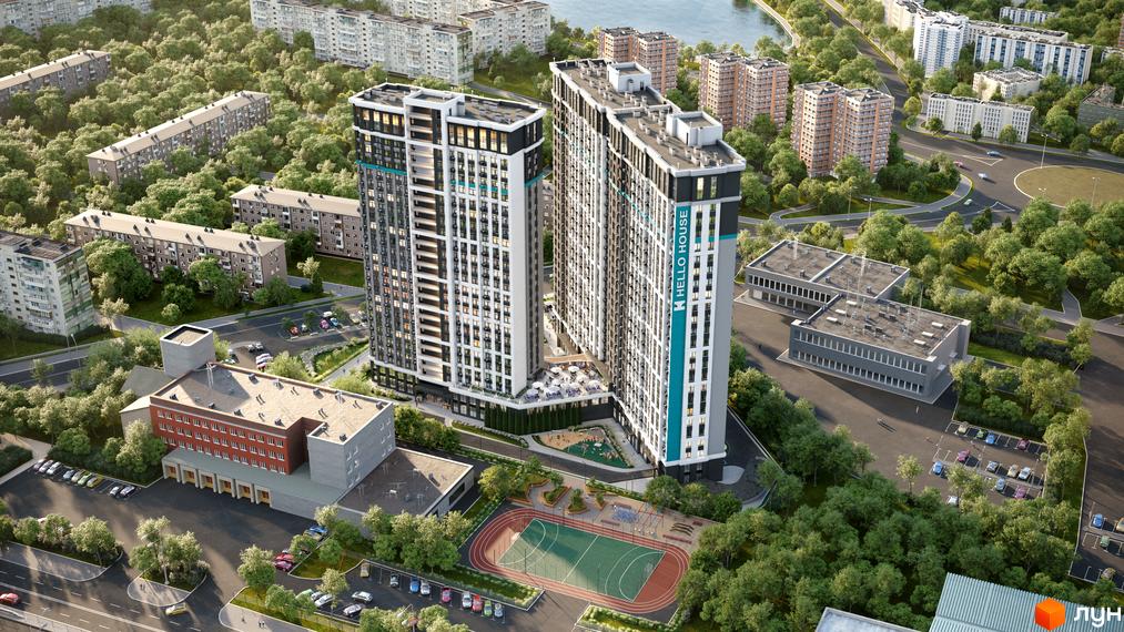 Житловий комплекс Hello House з висоти пташиного польоту, що демонструє сучасну архітектуру та зелену прибудинкову територію зі спортивними майданчиками.