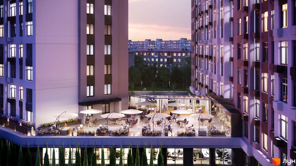 Зображення Житлового комплексу Hello House з терасою на даху. Вид на багатоповерхівку з великими вікнами.