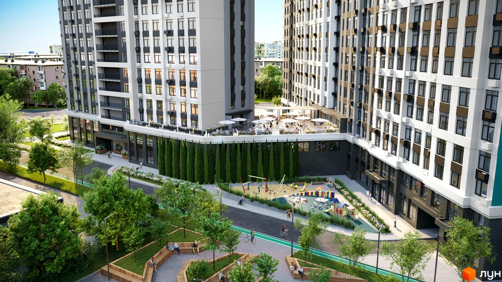 Зображення фасаду та двору Житлового комплексу Hello House. На фото видно дитячий майданчик, лавки та зелені насадження.