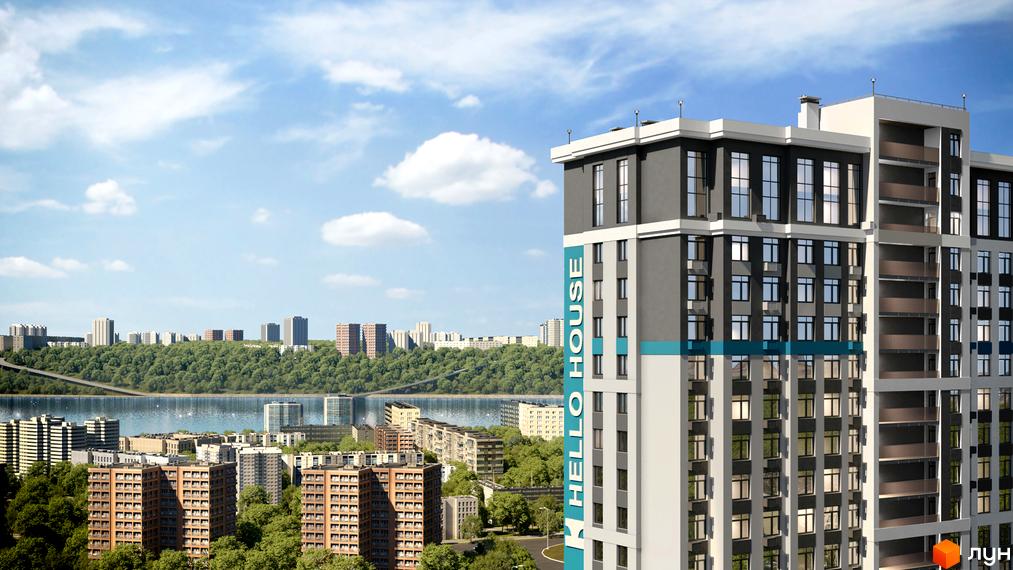Новобудова ЖК Hello House з сірими та білими фасадами, великими вікнами та балконами. Навколо зелені дерева та інші будинки.
