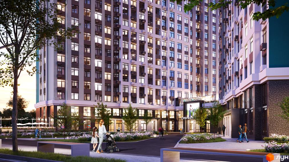 Новобудова Hello House з фасадом з вікон та кондиціонерів, прибудинкова територія з ландшафтним дизайном та зонами відпочинку.
