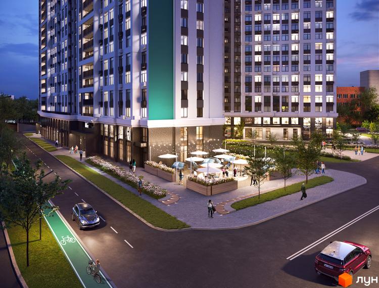 Зображення фасаду та прибудинкової території Житлового комплексу Hello House. Вигляд на будівлю та дорогу з велосипедною доріжкою.