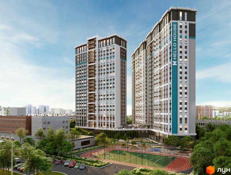 Зображення Житлового комплексу Hello House з висотними будинками та облаштованою прибудинковою територією з дитячим майданчиком.