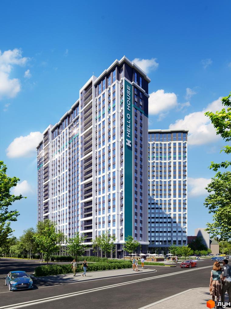 Фасад житлового комплексу Hello House з великою кількістю вікон та балконів, зелена смуга з написом назви. Навколо будівлі розташовані дерева та тротуар з пішоходами.