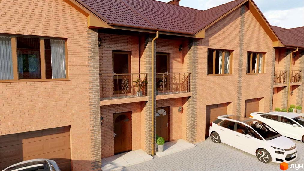 Зовнішній вигляд цегляних будинків з гаражами та балконами на вулиці Сагайдачного. Прибудинкова територія з білими автомобілями та бруківкою.