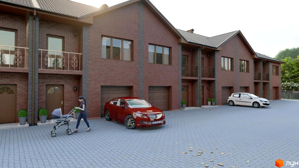 Зовнішній вигляд цегляних таунхаусів з гаражами та балконами на вулиці Сагайдачного. Прибудинкова територія з бруківкою та автомобілями.