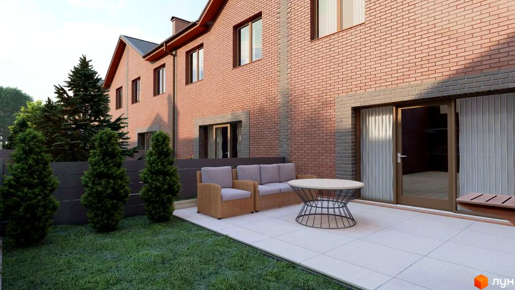 Фасад цегляного будинку з панорамними вікнами та терасою з меблями. Зелена галявина з туями та парканом.