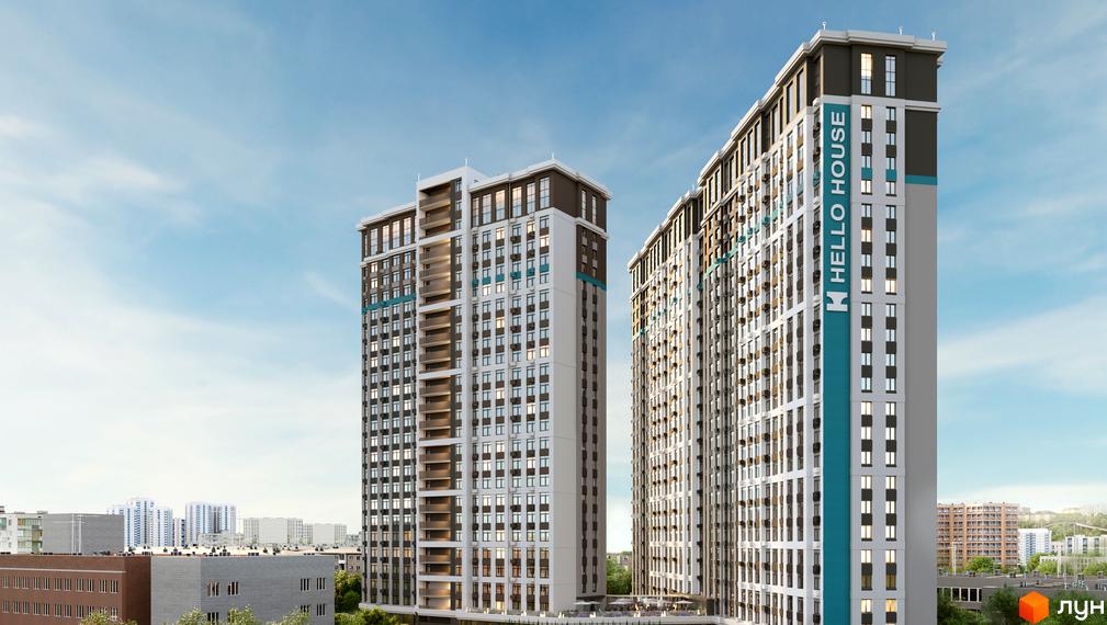 Фото житлового комплексу Hello House з двома висотними будинками. Фасади оздоблені білими та сірими панелями, контрастними бірюзовими вставками та балконами.