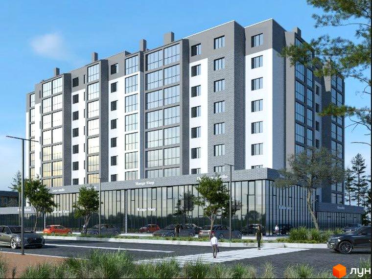 Зображення фасаду Новобудови Прага Gold з великими вікнами та сірим оздобленням. На передньому плані припарковані автомобілі.