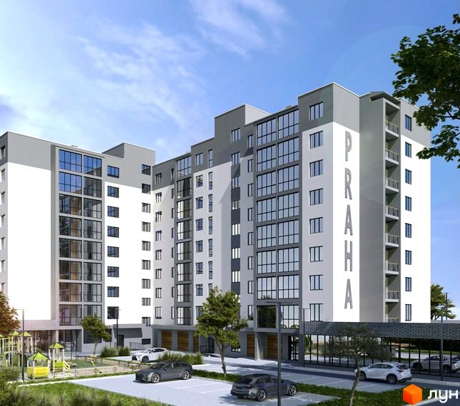 Зображення фасаду та прибудинкової території Житлового комплексу Praha Gold. Вигляд багатоповерхового будинку з великими вікнами.