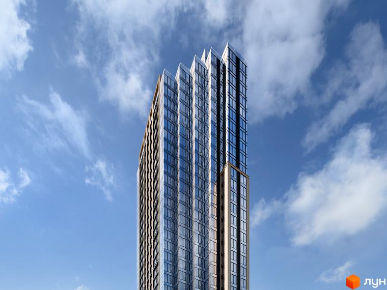 Житловий комплекс А136 Highlight Tower: висотна будівля зі скляним фасадом, що відбиває небо, та ступінчастою архітектурою верхніх поверхів.
