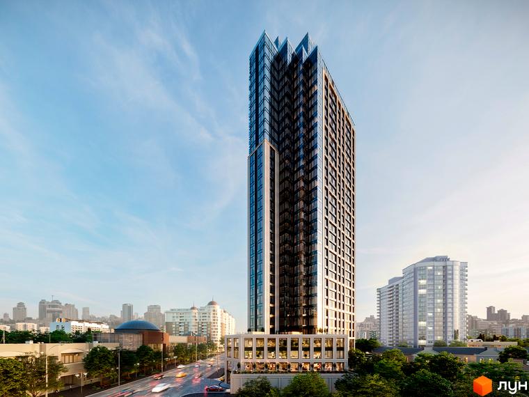 Житловий комплекс A136 Highlight Tower: висотна будівля зі скляним фасадом та характерним завершенням, розташована біля жвавої дороги з деревами.