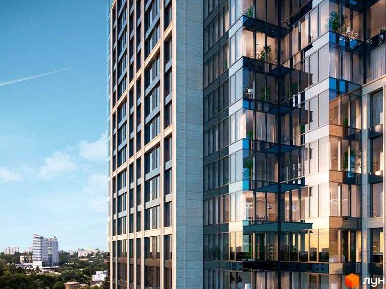Фасад A136 Highlight Tower з великими скляними вікнами та балконами, де видно рослини. На задньому плані видніються міські будівлі та зелені насадження.