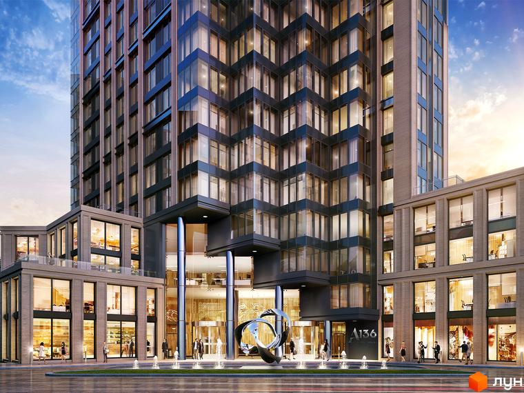 Новобудова A136 Highlight Tower: висотна будівля з комбінованим скляним фасадом. Перед входом розташована площа з фонтанами та скульптурою.