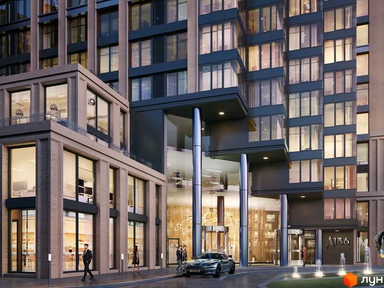 Фасад житлового комплексу A136 Highlight Tower має темні віконні секції та світлі нижні поверхи. Перед будівлею облаштовано вхідну групу з колонами, пішохідну зону та фонтани.