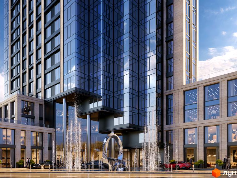 A136 Highlight Tower з високим скляним фасадом та світлими кам'яними елементами. Перед будівлею розташовані фонтани, скульптура та автомобілі.