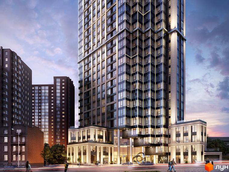 Новобудова А136 Highlight Tower з високим фасадом, великими вікнами та виразною основою з колонами. Навколо будівлі розташована дорога з пішоходами.