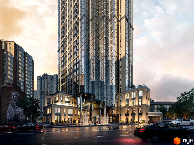 Висотна новобудова A136 Highlight Tower зі скляним фасадом. На прибудинковій території фонтан та вулиця з автомобілями.