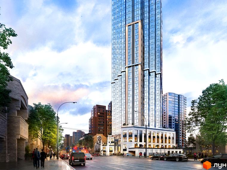 Зображення Житлового комплексу A136 Highlight Tower: висока будівля зі скляним фасадом, вертикальними вставками та класичною основою, вздовж міської вулиці.