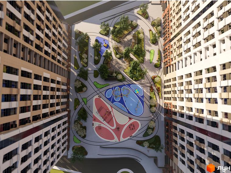 Житловий комплекс Новий Автограф: вид зверху на будівлі з вікнами та прибудинкову територію з дитячим майданчиком та зонами відпочинку.