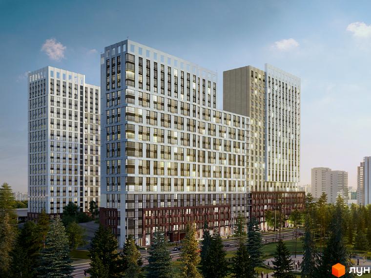 Зовнішній вигляд житлового комплексу Новий Автограф з білими фасадами, темною нижньою частиною та зеленими деревами навколо. Навколо комплексу розташована прибудинкова територія з дорогою та пішохідними зонами.