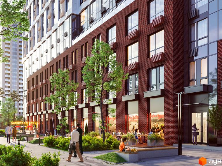 Житловий комплекс Новий Автограф: фасади з червоної цегли та скління, зелена прибудинкова територія з місцями для відпочинку та кафе.