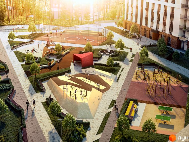 Житловий комплекс Новий Автограф: фасади будівель та облаштована прибудинкова територія з дитячими та спортивними майданчиками.