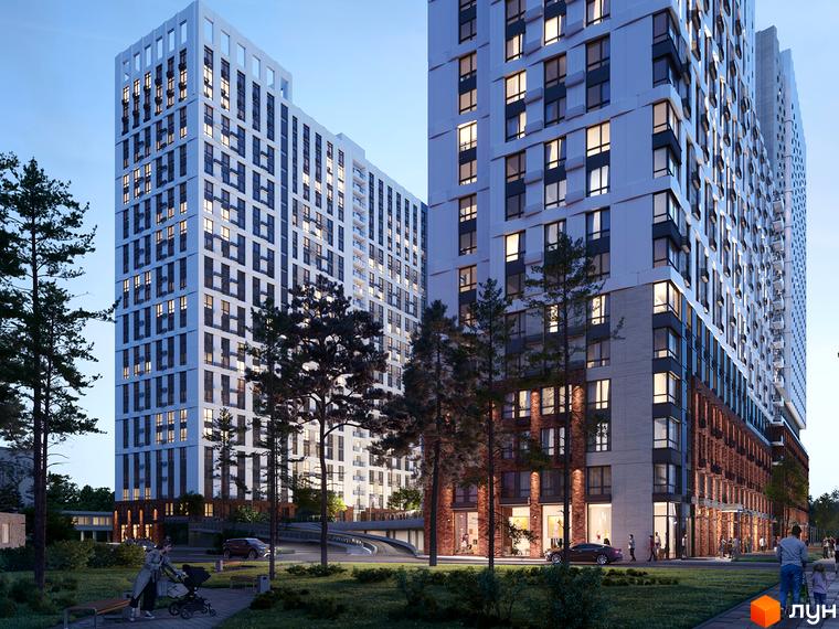 Житловий комплекс Новий Автограф – це сучасна архітектура з білими фасадами та великою кількістю вікон. Навколо комплексу зелена зона з деревами та доріжками для прогулянок.