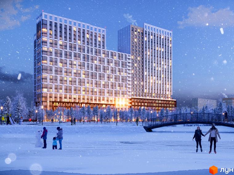 Житловий комплекс Новий Автограф у зимовий період з людьми, що катаються на ковзанах на замерзлому озері та будують сніговика.