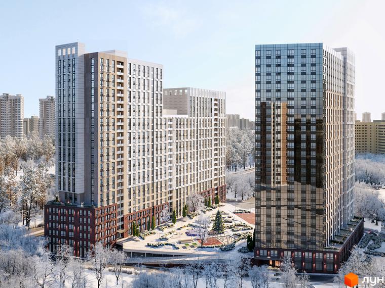 Житловий комплекс Новий Автограф: висотні будинки з панорамним склінням та цегляним цоколем, зимовий двір з деревами та дитячим майданчиком.