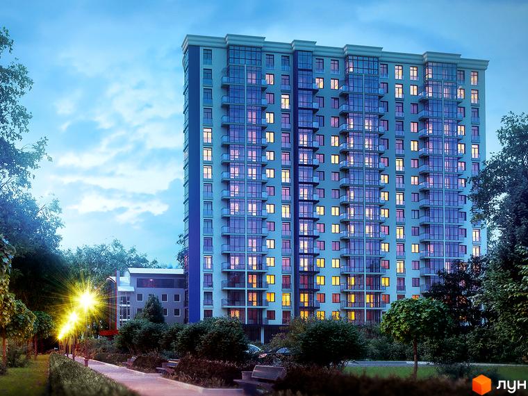 Житловий комплекс Фамільний: висотна новобудова з численними вікнами та балконами, оточена деревами та освітленою алеєю.