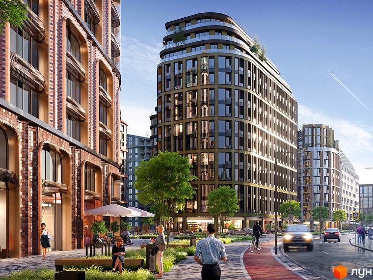 Житловий комплекс LUCKY LAND має будинки з цегляними фасадами та вигнутими скляними конструкціями. На прибудинковій території облаштовані пішохідні зони, зелені насадження та велодоріжки.