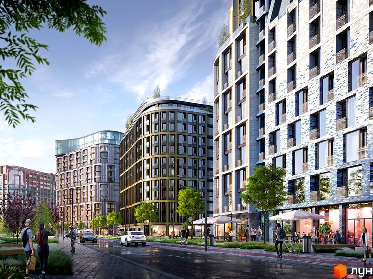 Багатоповерхові будинки Житлового комплексу LUCKY LAND з вигнутими фасадами та великими вікнами. На перших поверхах комерційні приміщення з терасами, поруч доріжки та зелені насадження.