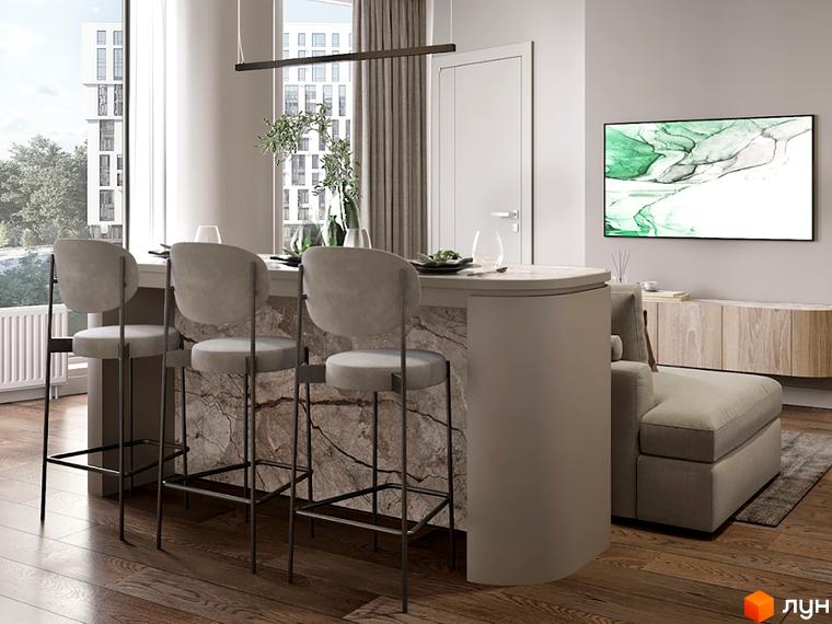 Інтер'єр кухні-вітальні в житловому комплексі LUCKY LAND з барною стійкою та панорамними вікнами, що виходять на міський пейзаж.