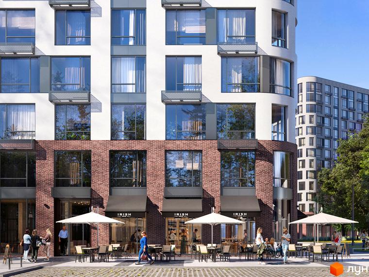 Фасад Житлового комплексу LUCKY LAND виконаний з білих та цегляних секцій з великими вікнами. На першому поверсі розташовані кафе з літніми терасами та парасольками.