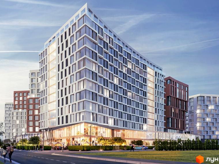 Житловий комплекс LUCKY LAND - фасади будівель з панорамними вікнами, прибудинкова територія з зеленими насадженнями та місцями для відпочинку.