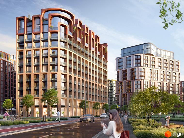 Житловий комплекс LUCKY LAND з будинками світлого кольору, арковими вікнами та зеленими насадженнями навколо.