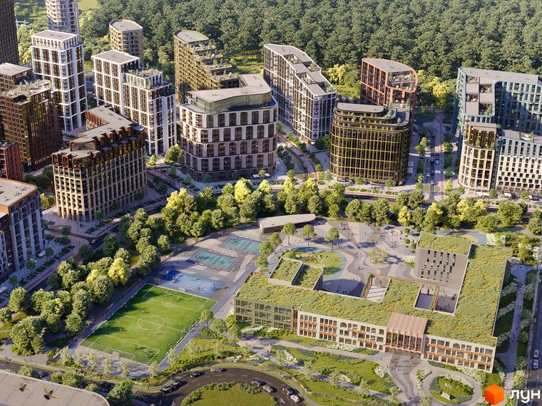 Житловий комплекс LUCKY LAND з багатоповерховими будинками та розвиненою інфраструктурою, включаючи спортивні майданчики, футбольне поле та зелені зони.