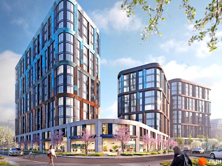 Багатоповерхові будинки Житлового комплексу LUCKY LAND з округлими кутами, фасадами синіх та мідних відтінків. Прибудинкова територія з деревами та пішоходами.