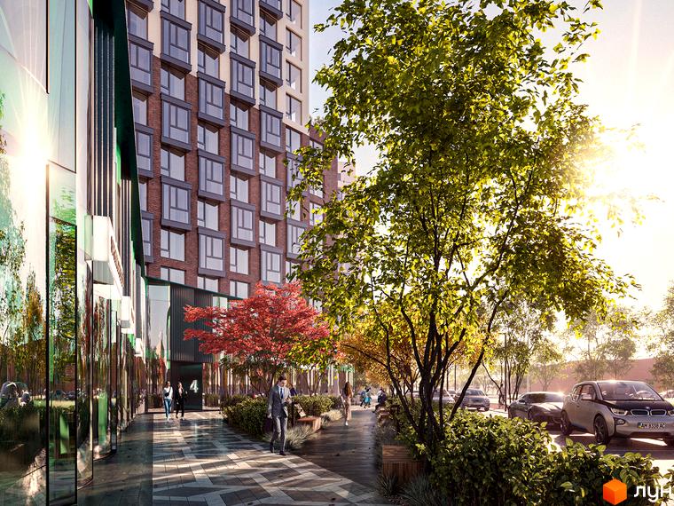 Багатоповерховий будинок Житлового комплексу LUCKY LAND з цегляним фасадом. Прибудинкова територія озеленена деревами та кущами, є пішохідні доріжки.