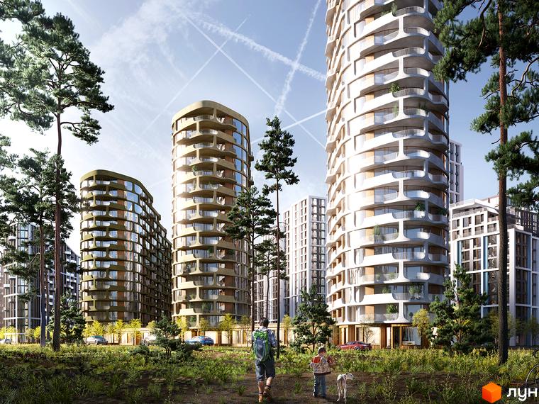 Житловий комплекс LUCKY LAND представлений високими будинками з вигнутими фасадами та балконами. Прибудинкова територія оточена соснами та зеленою рослинністю.