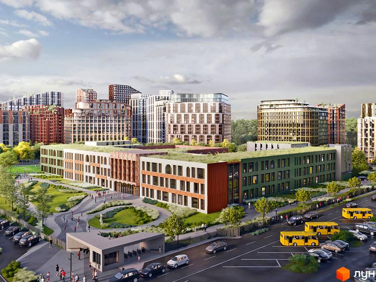 Багатоповерхові будинки Житлового комплексу LUCKY LAND з різними фасадами та зеленими дахами. Поруч велика зелена територія з доріжками та парковкою.