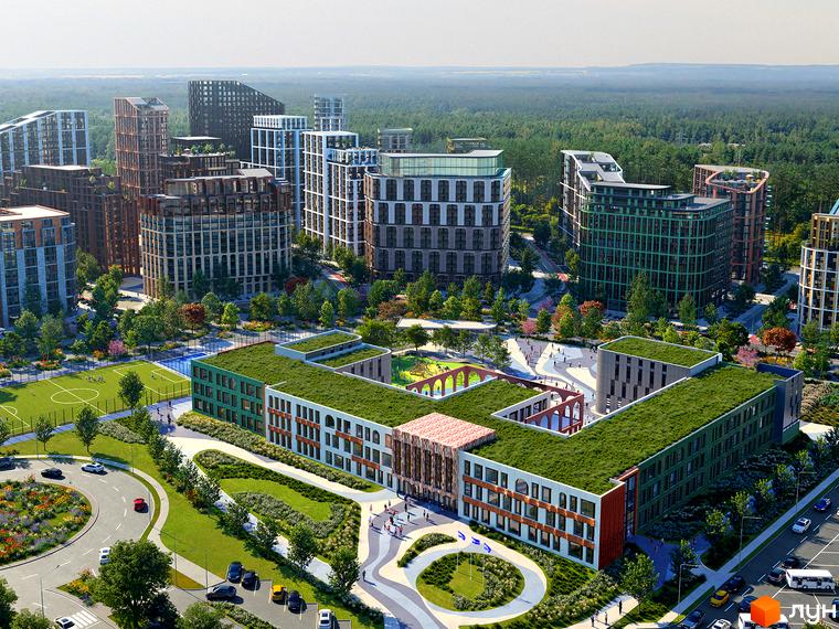 Житловий комплекс LUCKY LAND з різноповерховими будинками та великою будівлею з зеленими дахами. Навколо багато зелені, доріжок та спортивних майданчиків.