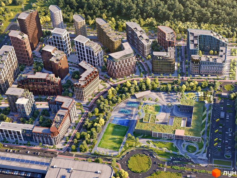 Житловий комплекс LUCKY LAND з багатоповерховими будинками різної архітектури. Територія облаштована зеленими зонами, дорогами та спортивними майданчиками.