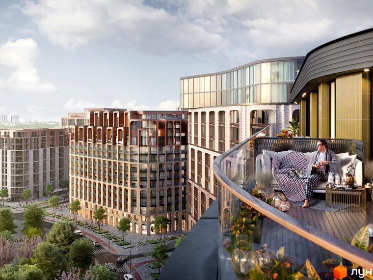 Житловий комплекс LUCKY LAND: багатоповерхові будинки з арковими фасадами. Територія включає дороги, зелені насадження та зони для відпочинку.