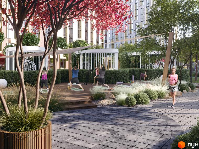 Житловий комплекс LUCKY LAND з багатоповерховими будинками та облаштованою прибудинковою територією. На території є дерев'яна тераса для йоги та зелені насадження.