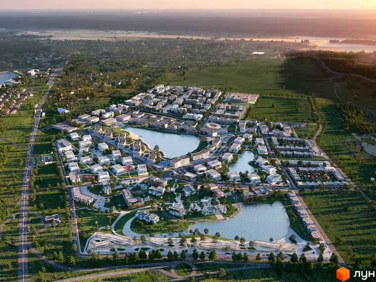 Житловий комплекс Park Lake City з сучасними будинками та озером. На території комплексу є зони для відпочинку та прогулянок.