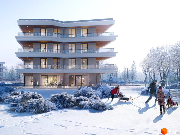 Житловий комплекс Park Lake City у зимовому пейзажі з родиною, що катається на санчатах. Сучасна архітектура будинку з балконами та великими вікнами.