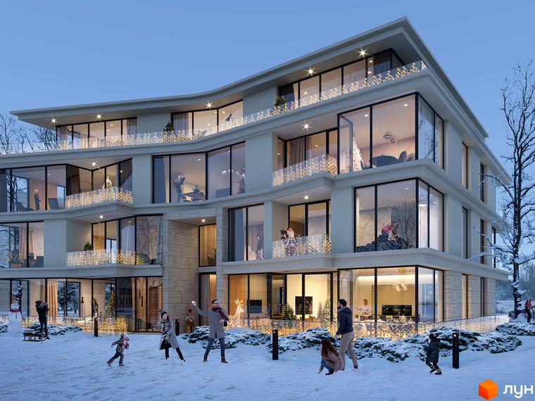 Житловий комплекс Park Lake City з фасадами, прикрашеними різдвяними гірляндами, та засніженою прибудинковою територією, де граються люди.