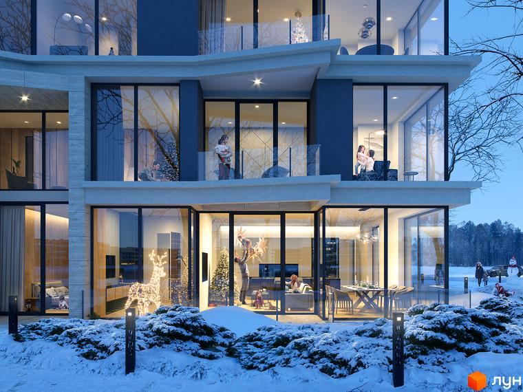 Житловий комплекс Park Lake City з фасадами з каменю та великими вікнами взимку. Навколо новобудови засніжена територія з різдвяними прикрасами та людьми.